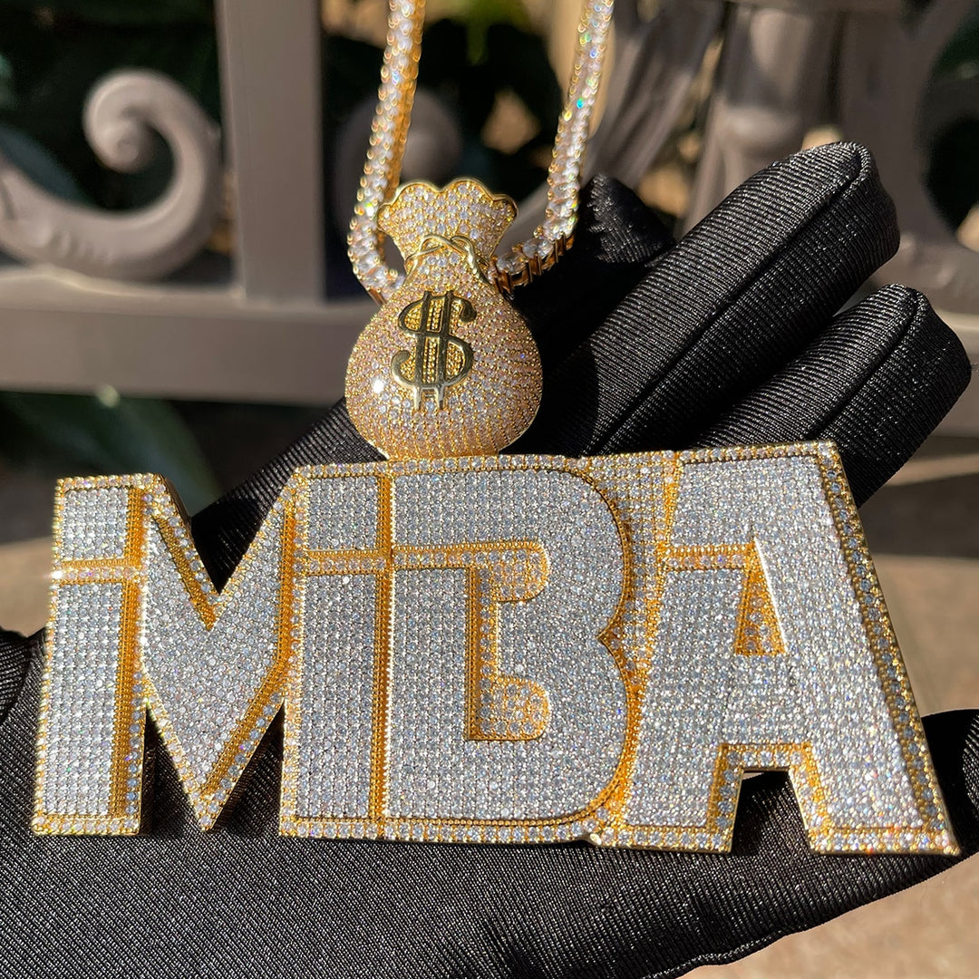Money Bag Bail Two Layers Iced Out Personalized Custom Name Necklace Pendant