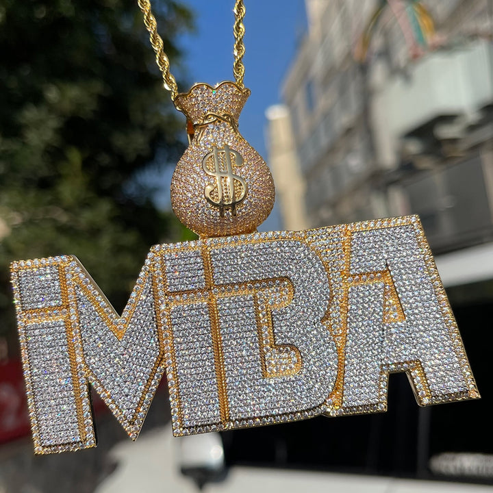 Money Bag Bail Two Layers Iced Out Personalized Custom Name Necklace Pendant
