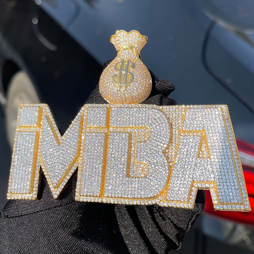 Money Bag Bail Two Layers Iced Out Personalized Custom Name Necklace Pendant