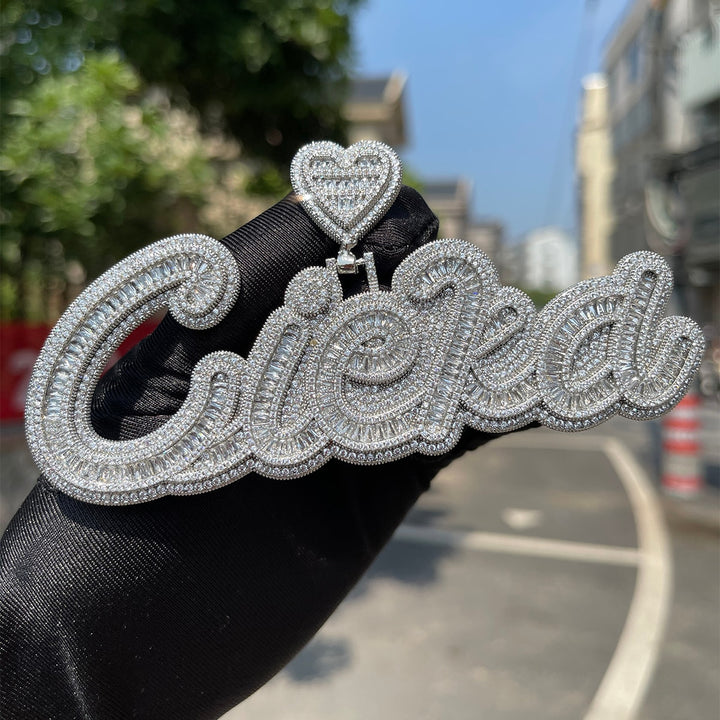 Special Heart Baguette Iced Out Personalized Custom Name Necklace Pendant