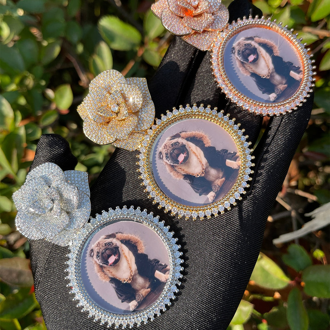 Rose Flower Bail Round Tennis Custom Photo Picture Pendant Necklace