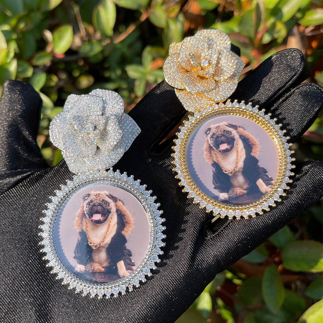 Rose Flower Bail Round Tennis Custom Photo Picture Pendant Necklace