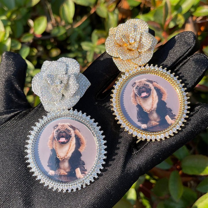 Rose Flower Bail Round Tennis Custom Photo Picture Pendant Necklace