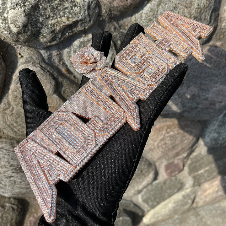 Rising Rose Edition Rose Flower Bail Iced Out Personalized Custom Name Necklace Pendant