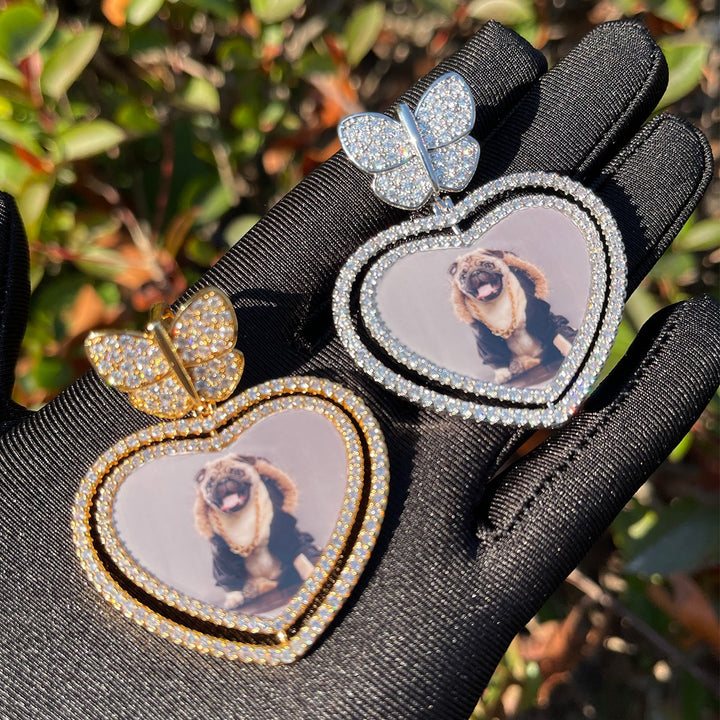 Butterfly Bail Rotating Heart Custom Photo Picture Pendant Necklace