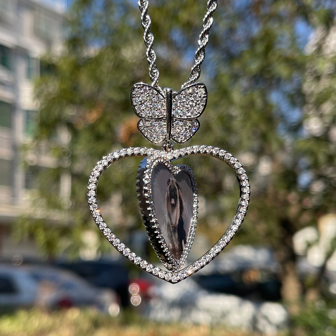 Butterfly Bail Rotating Heart Custom Photo Picture Pendant Necklace