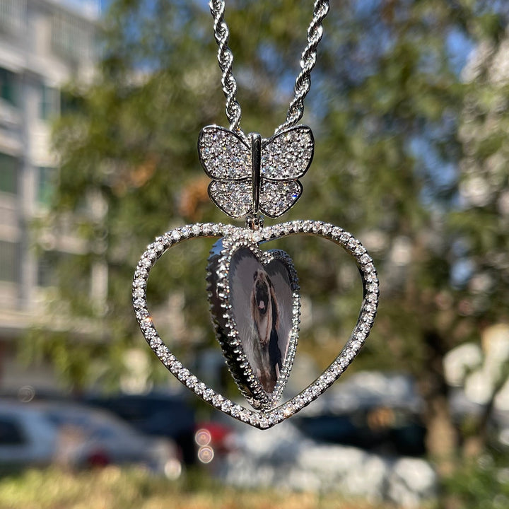 Butterfly Bail Rotating Heart Custom Photo Picture Pendant Necklace