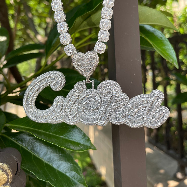 Special Heart Baguette Iced Out Personalized Custom Name Necklace Pendant
