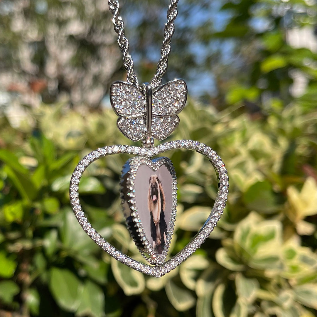 Butterfly Bail Rotating Heart Custom Photo Picture Pendant Necklace