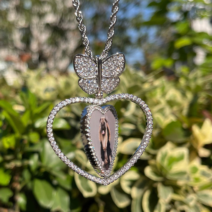 Butterfly Bail Rotating Heart Custom Photo Picture Pendant Necklace