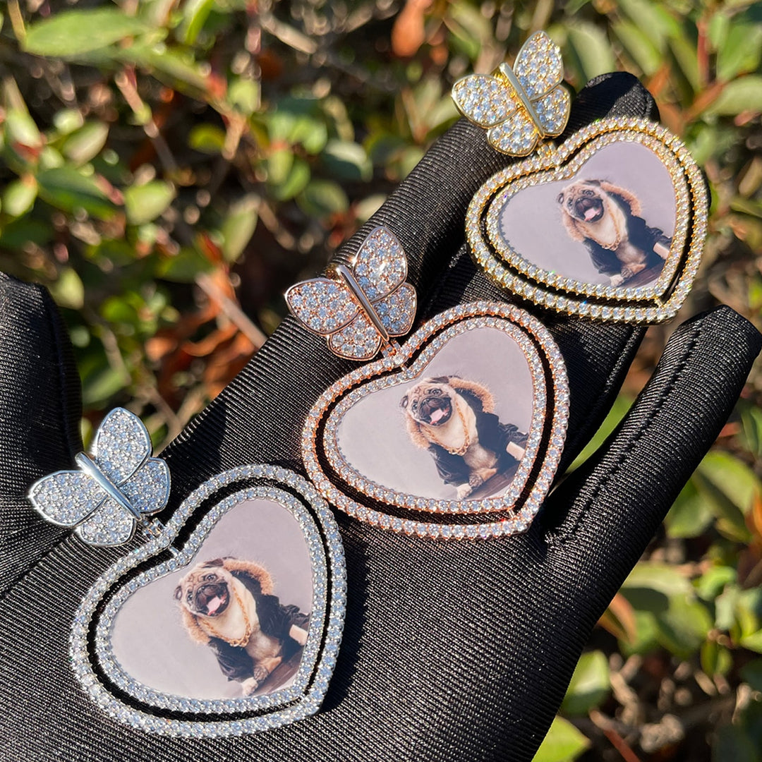 Butterfly Bail Rotating Heart Custom Photo Picture Pendant Necklace