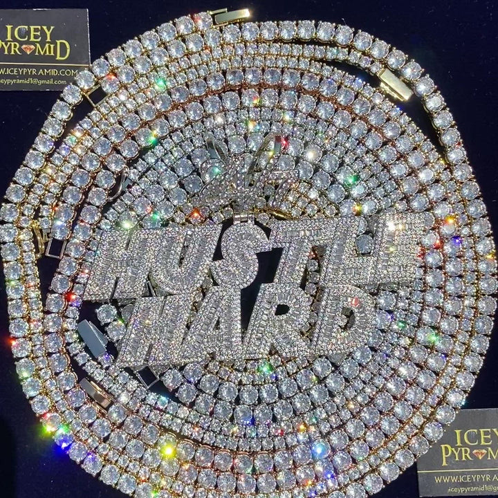 24/7 Hustle Hard Letter Iced Out Letter Diamond Pendant Necklace