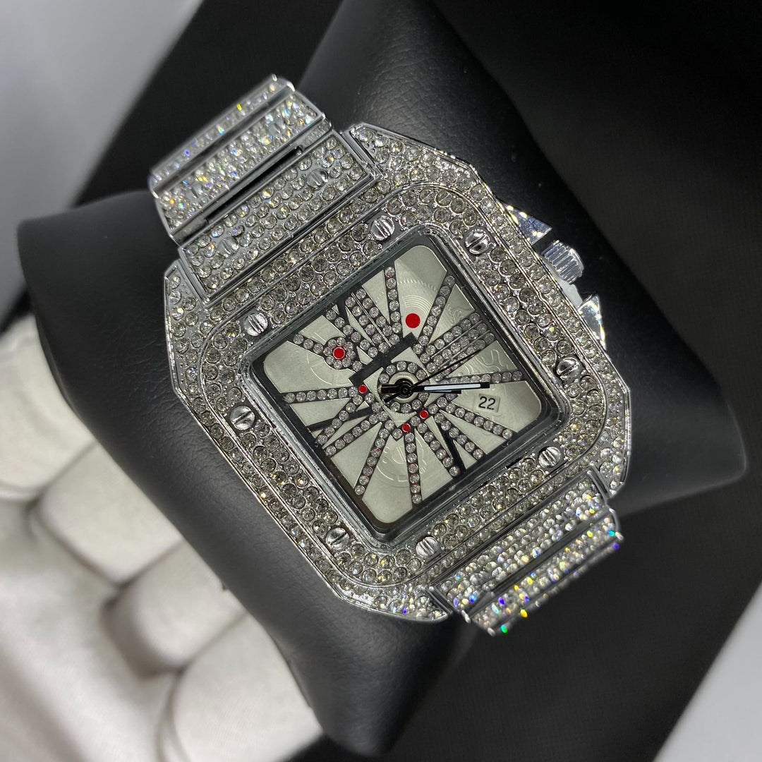 Square Special Red Dial Date Iced Out Diamond Watch