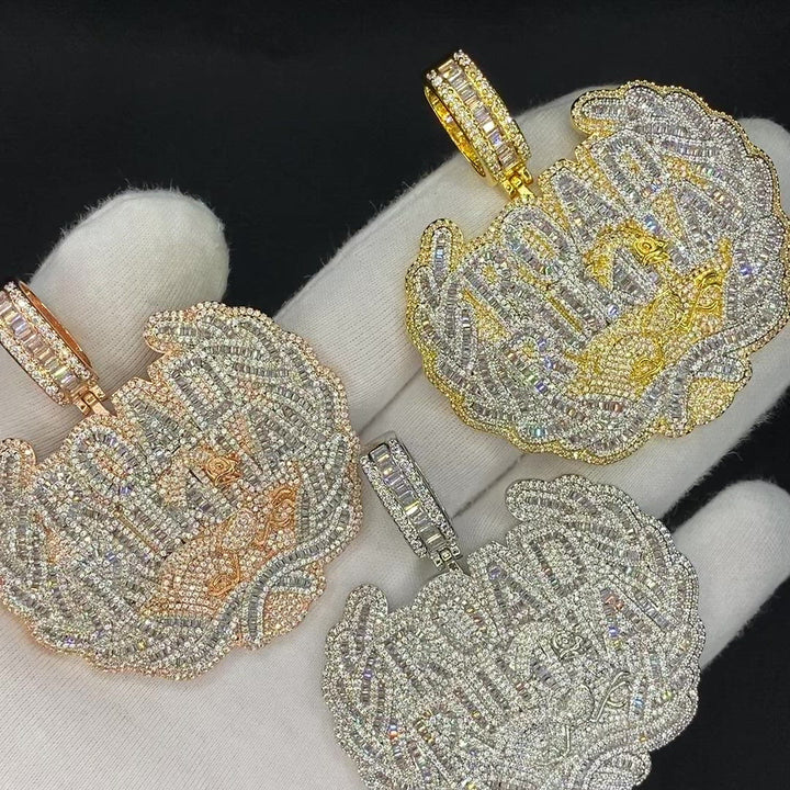 Road Runna Two Tone Badge Iced Out Letter Diamond Pendant Necklace