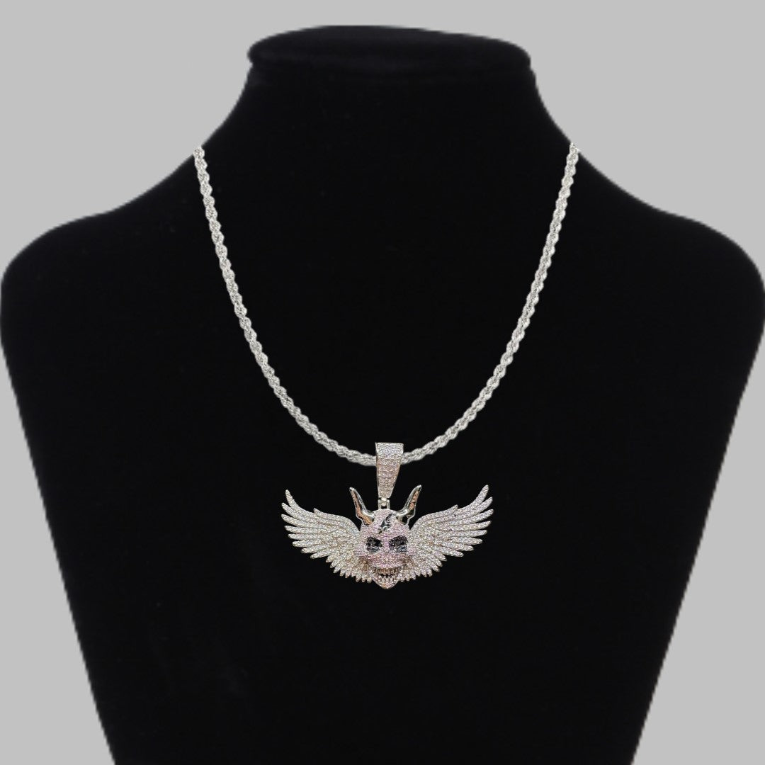 Wing Skull Iced Out Diamond Pendant Necklace