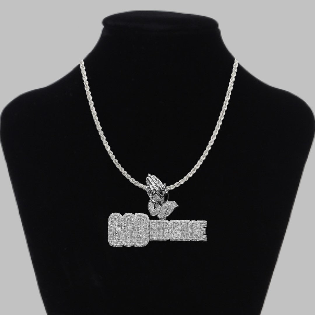 God Fidence Praying Hands Bail Iced Out Letter Diamond Pendant Necklace