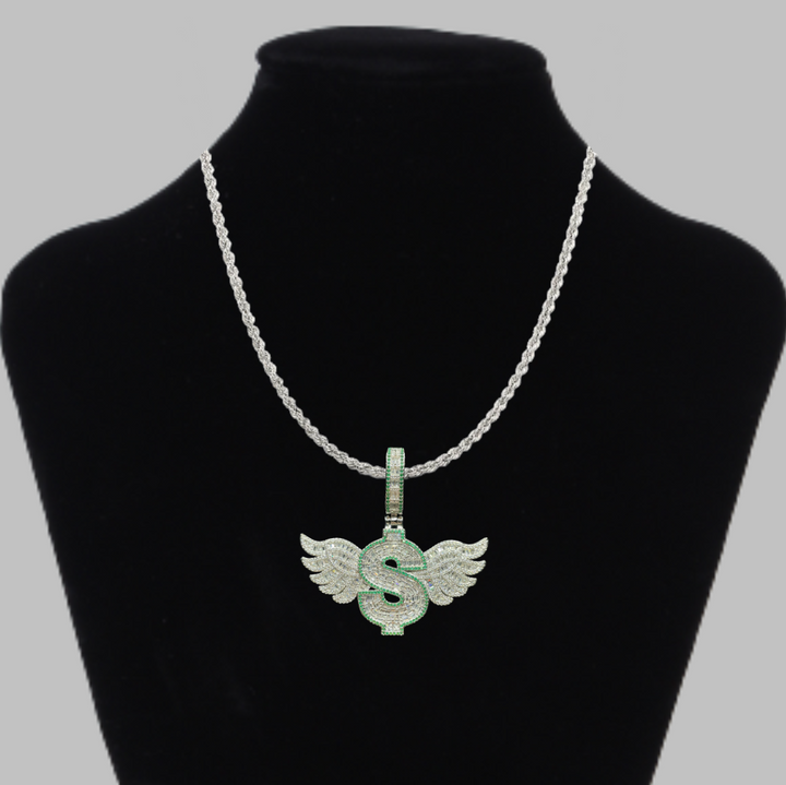 Dollar Sign with Wings Iced Out Diamond Pendant Necklace