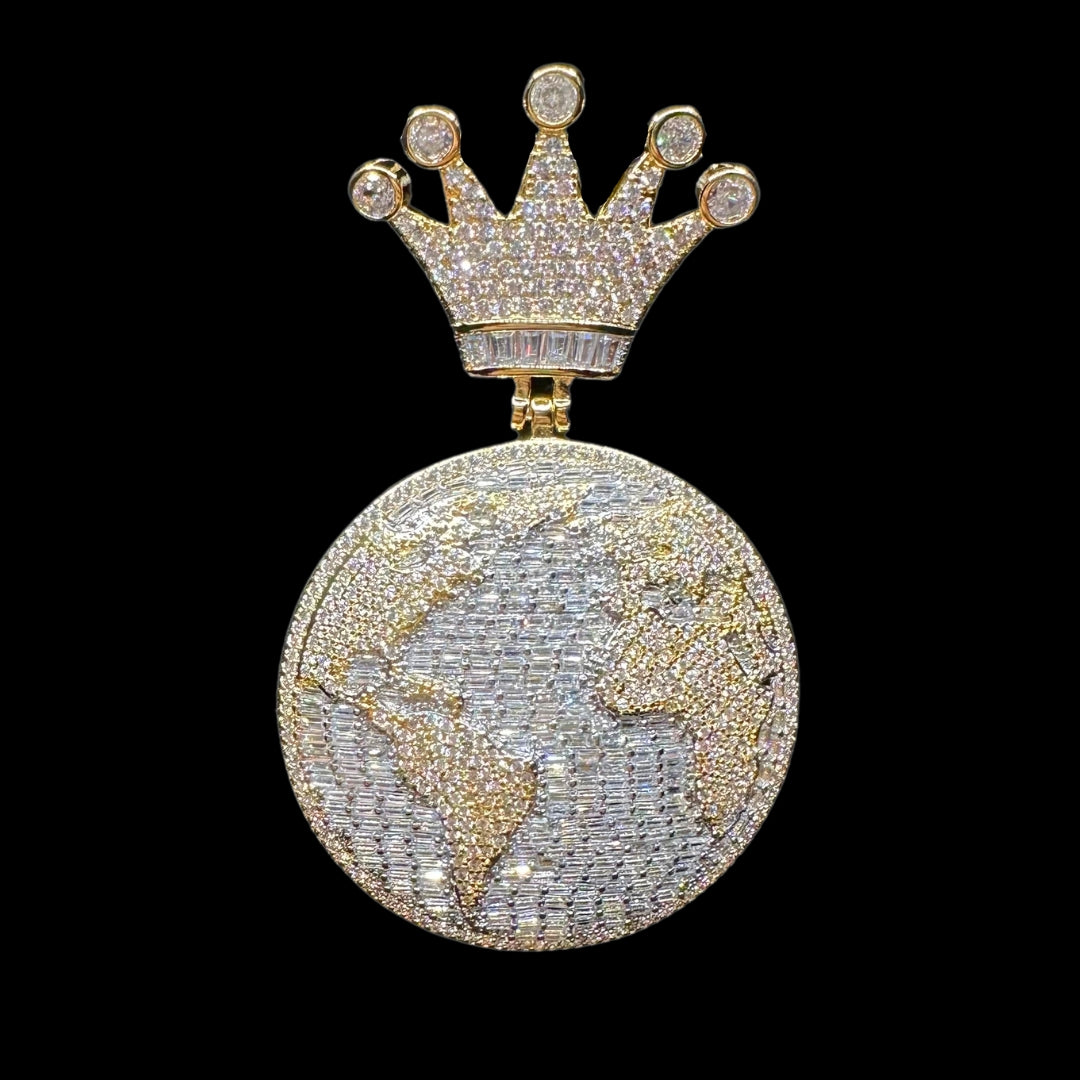 Globe World Crown Bail Iced Out Diamond Pendant Necklace
