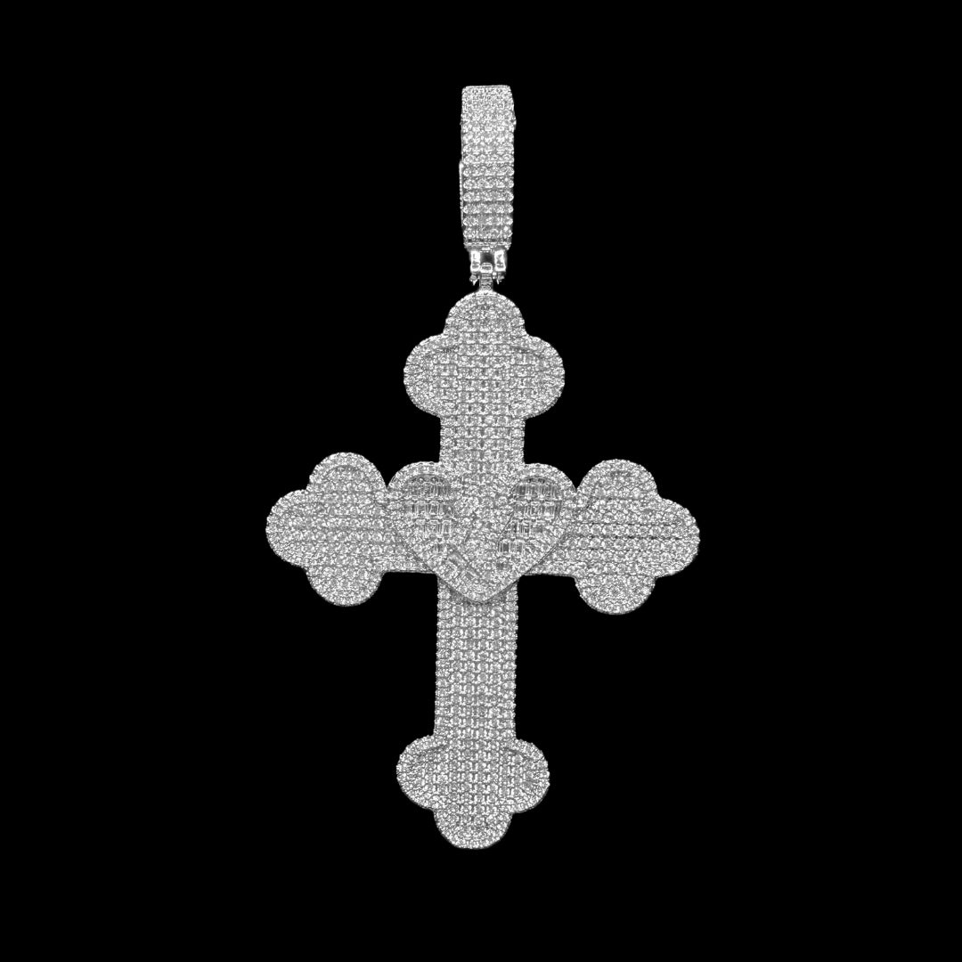 Cross Heart Full Paved Iced Out Diamond Pendant Necklace