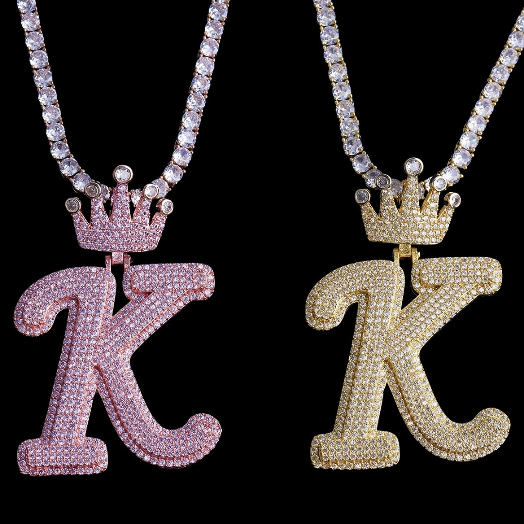 NEW | Crown Letter K Iced Out Diamond Pendant Necklace