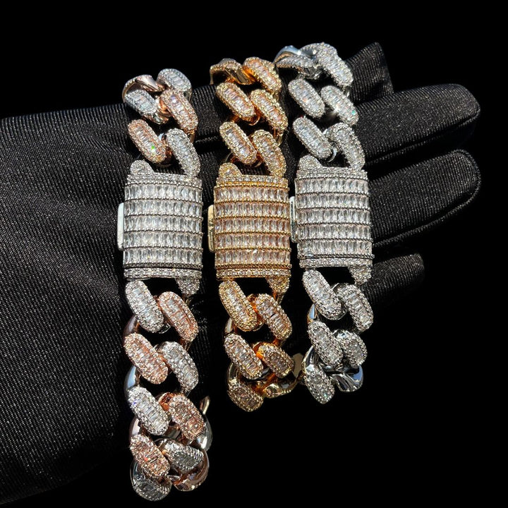 20MM Baguette Link Iced Out Diamond Necklace Bracelet Set