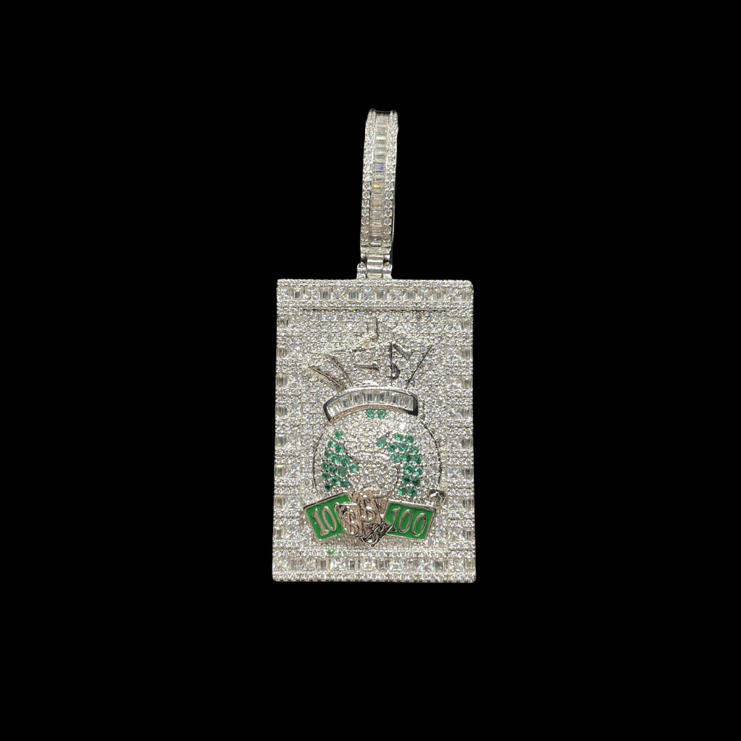 Money Bag with 100's Iced Out Letter Diamond Pendant Necklace