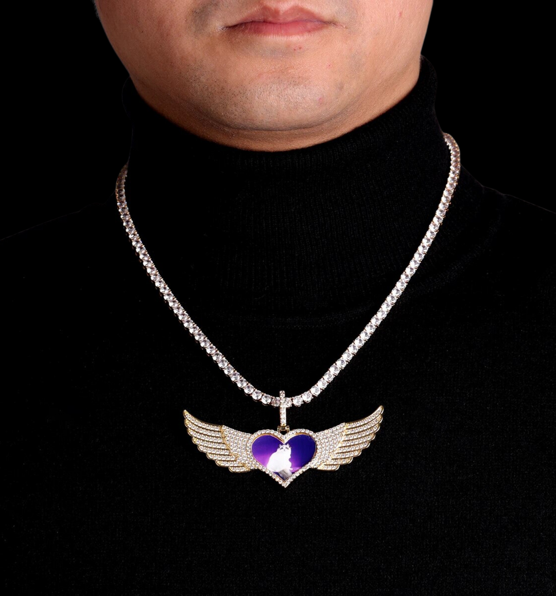 Long Wings Heart Custom Photo Picture Pendant Necklace