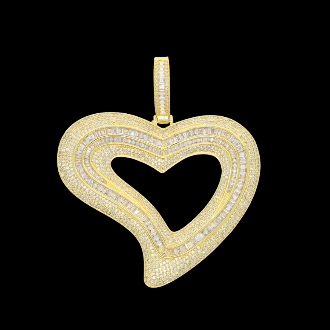 Baguette Diamond Covered Heart Charm Iced Out Pendant