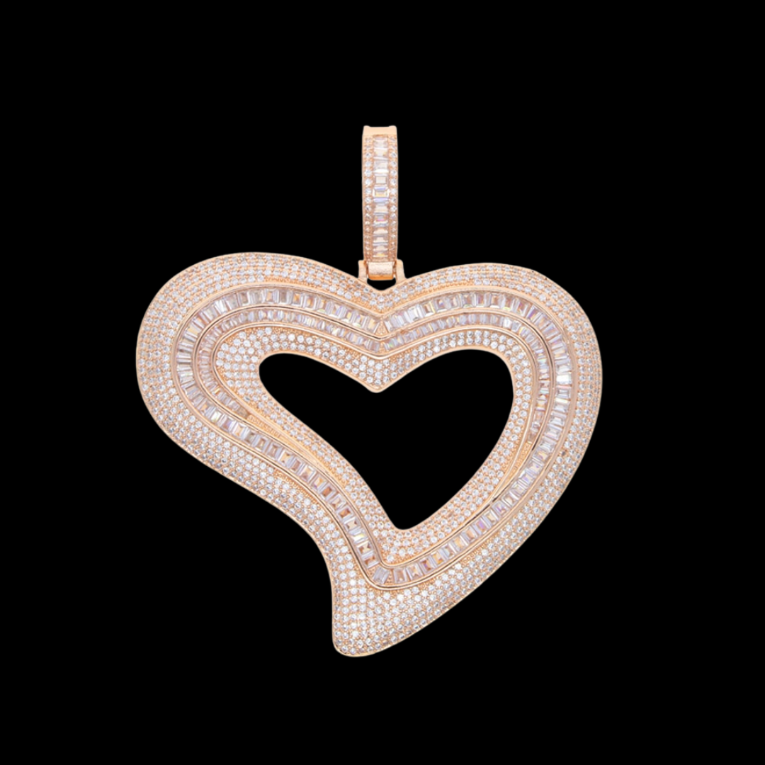 Baguette Diamond Covered Heart Charm Iced Out Pendant