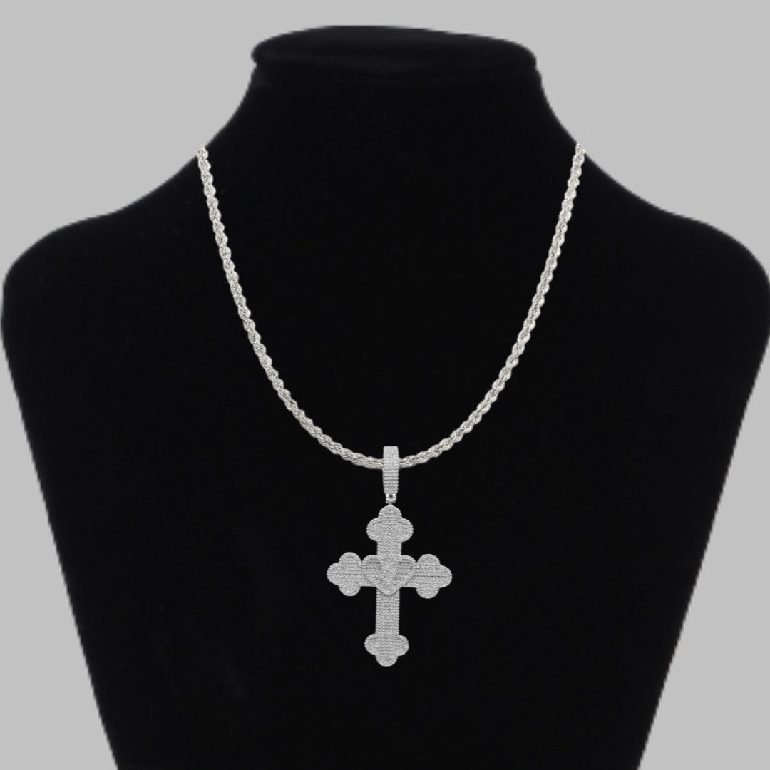 Cross Heart Full Paved Iced Out Diamond Pendant Necklace
