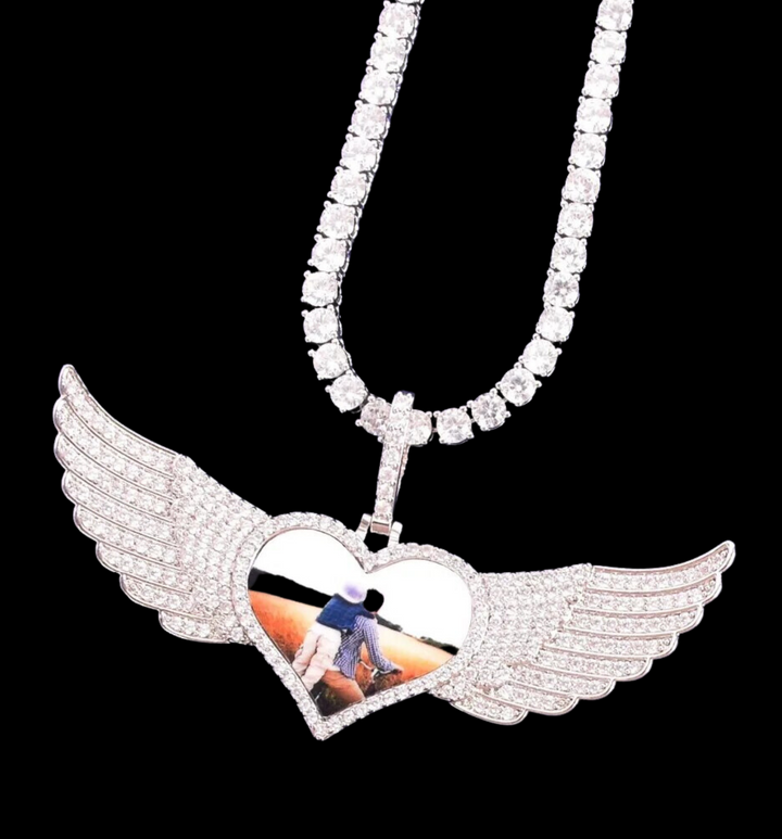 Long Wings Heart Custom Photo Picture Pendant Necklace