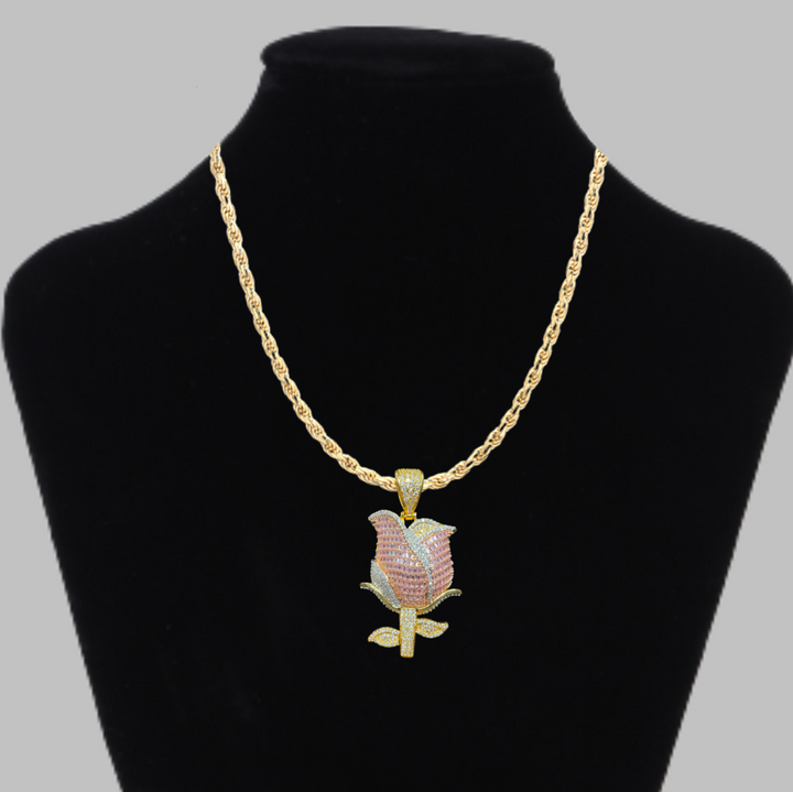 Rose Flower Fully Detailed Elegant Iced Out Diamond Pendant Necklace