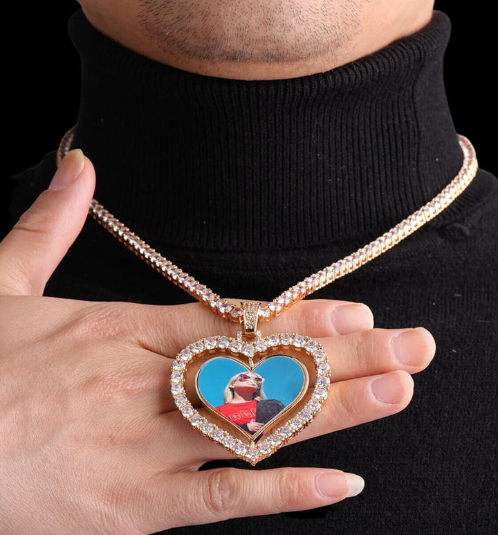 Rotating Double-Sided Heart Custom Photo Picture Pendant Necklace