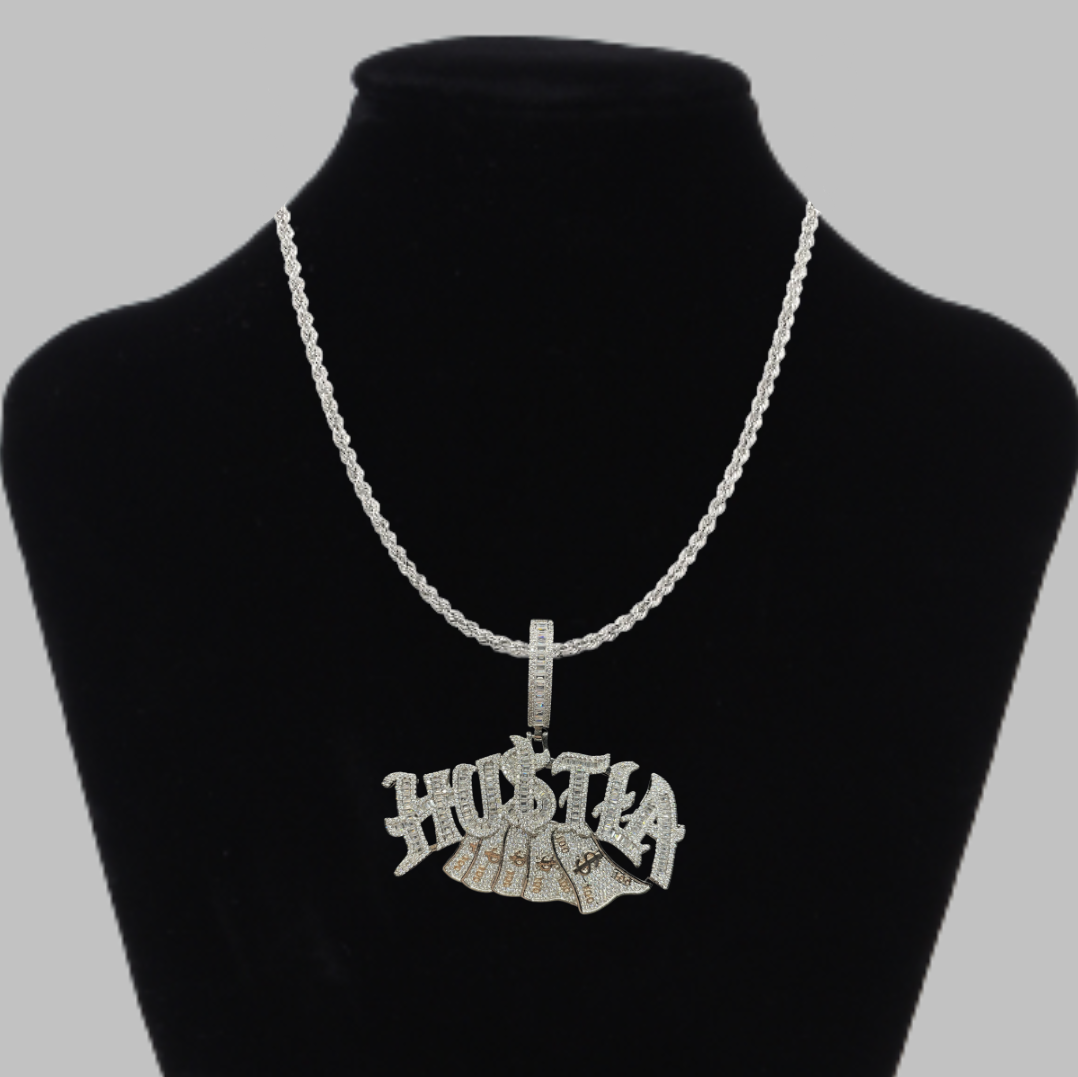 Hustla Money Stack Iced Out Letter Diamond Pendant Necklace