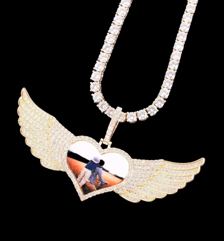 Long Wings Heart Custom Photo Picture Pendant Necklace