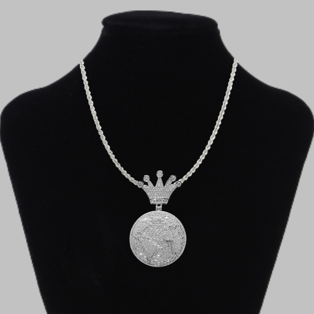 Globe World Crown Bail Iced Out Diamond Pendant Necklace