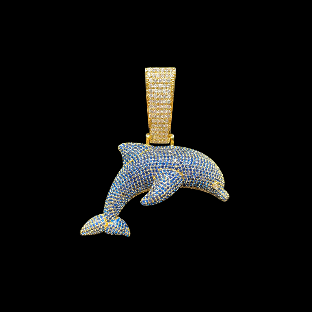 NEW | Big Bail Dolphin Animal Two Tone Iced Out Pendant