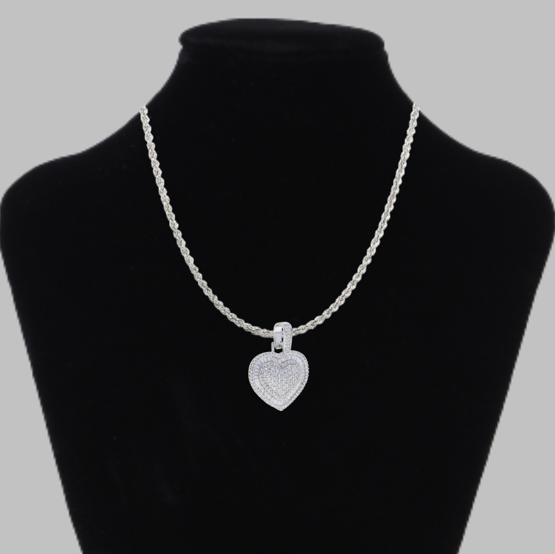 Baguette Covered Shiny Heart Iced Out Diamond Pendant Necklace