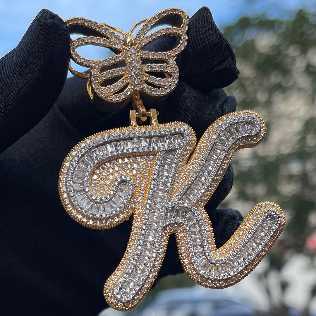 Elegant Butterfly Bail Iced Out Initial Custom Name Necklace Pendant