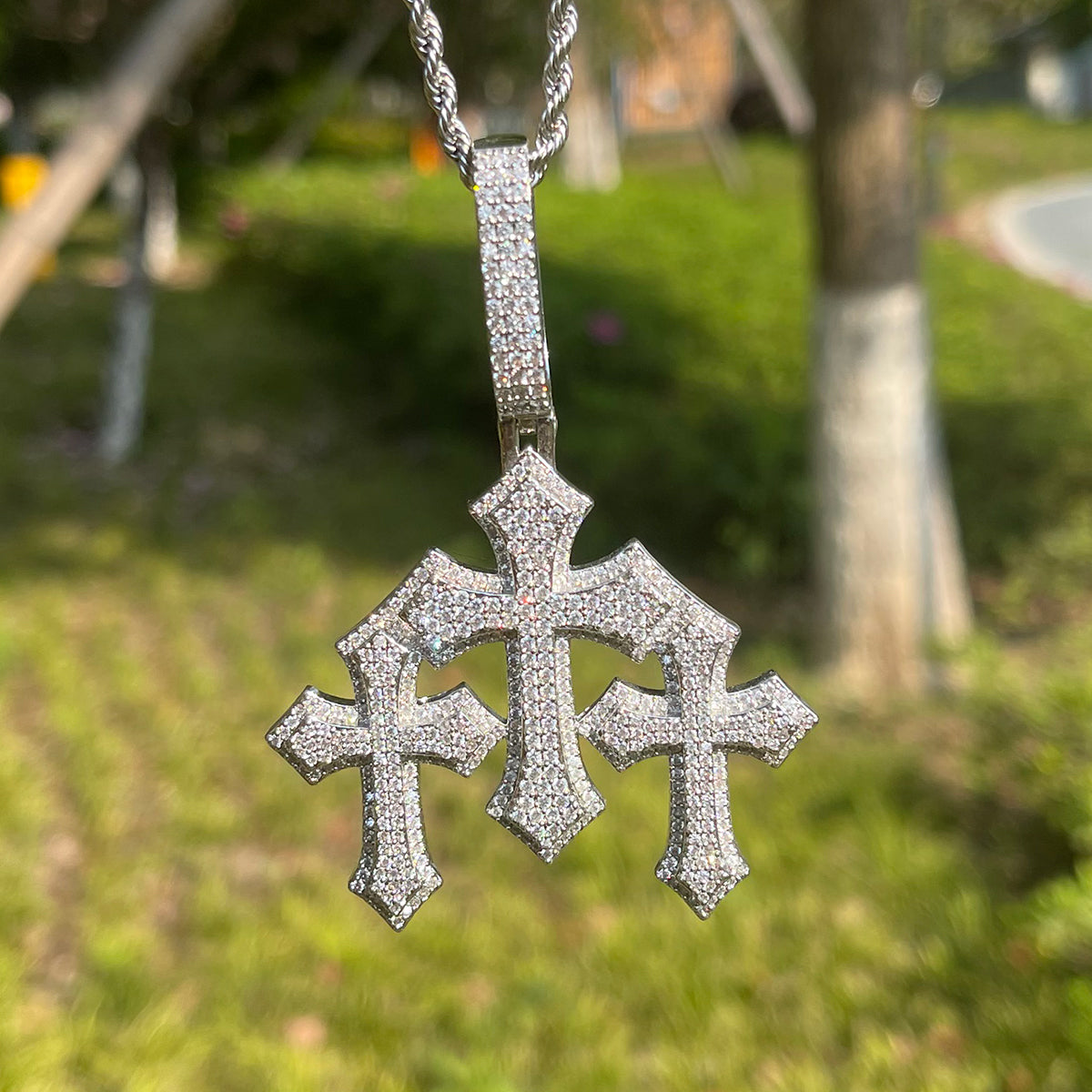 Triple Cross Iced Out Diamond Pendant Necklace – Icey Pyramid