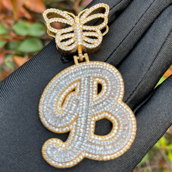 Elegant Butterfly Bail Iced Out Initial Custom Name Necklace Pendant