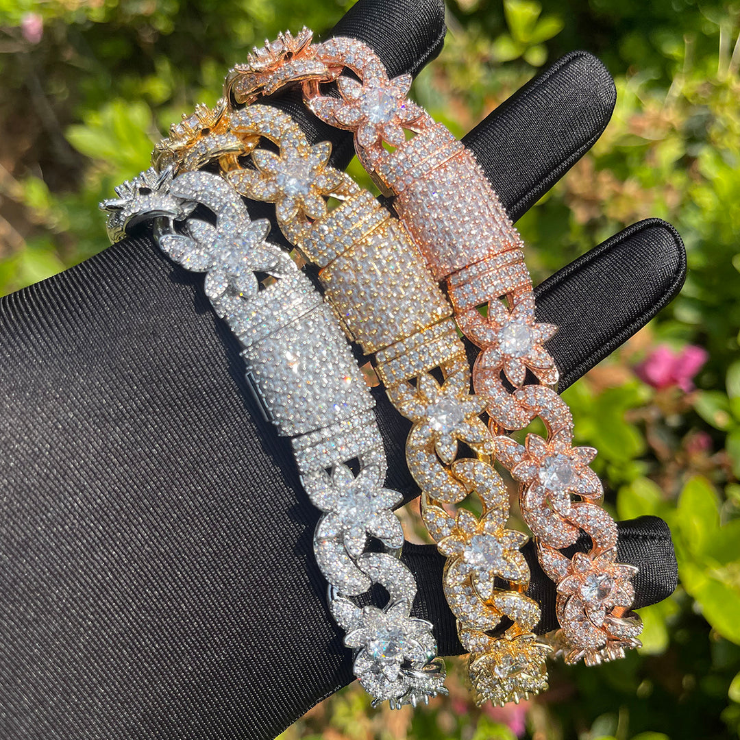 18MM Flower Cuban Iced Out Diamond Necklace Chain