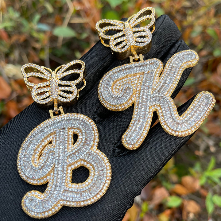 Elegant Butterfly Bail Iced Out Initial Custom Name Necklace Pendant