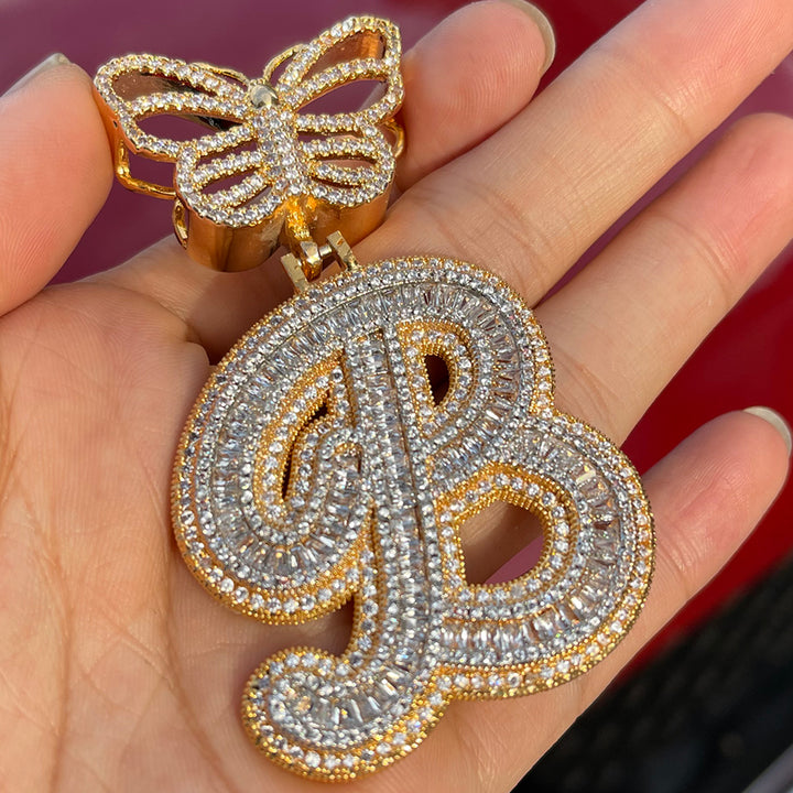 Elegant Butterfly Bail Iced Out Initial Custom Name Necklace Pendant