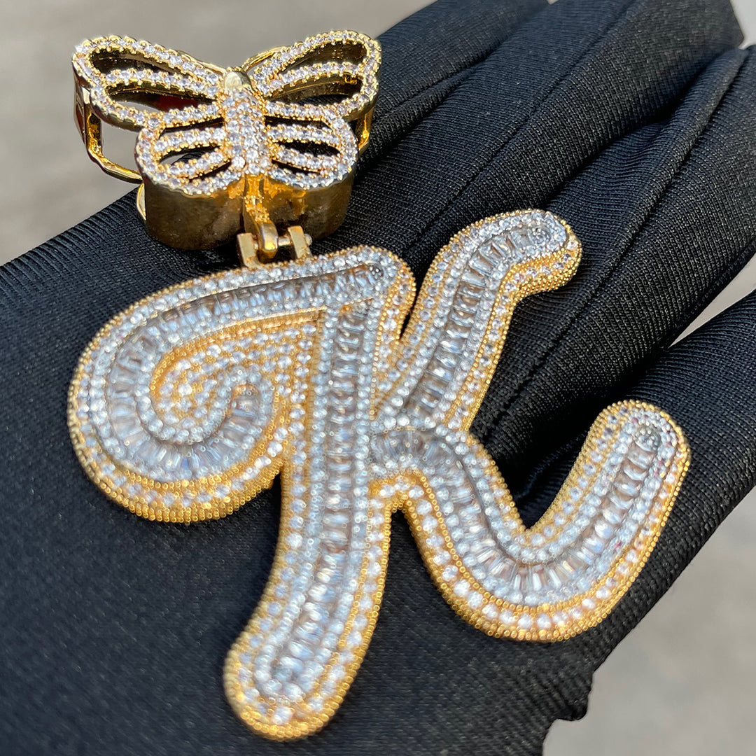 Elegant Butterfly Bail Iced Out Initial Custom Name Necklace Pendant
