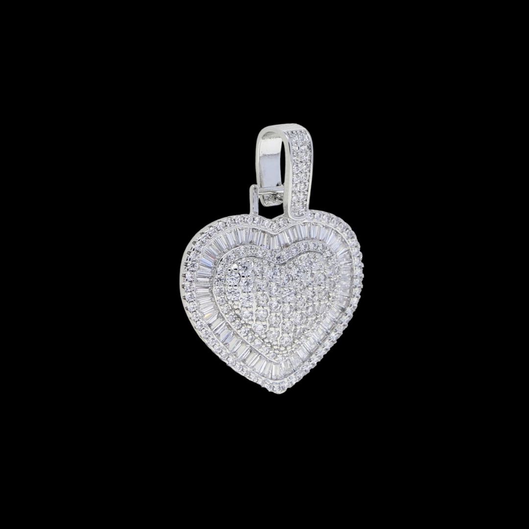 Baguette Covered Shiny Heart Iced Out Diamond Pendant Necklace