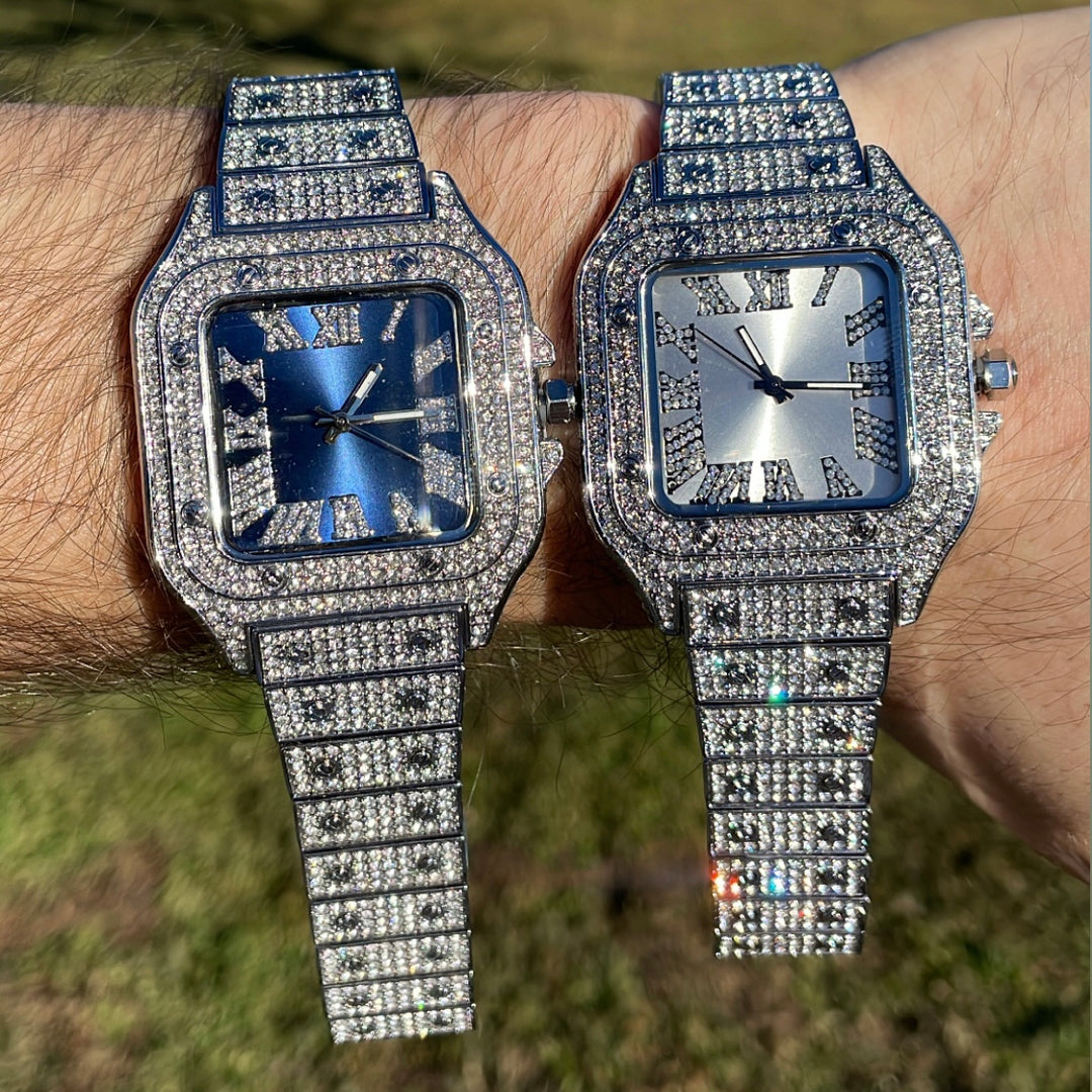 Square Blue Dial VVS Numerals Iced Out Diamond Watch