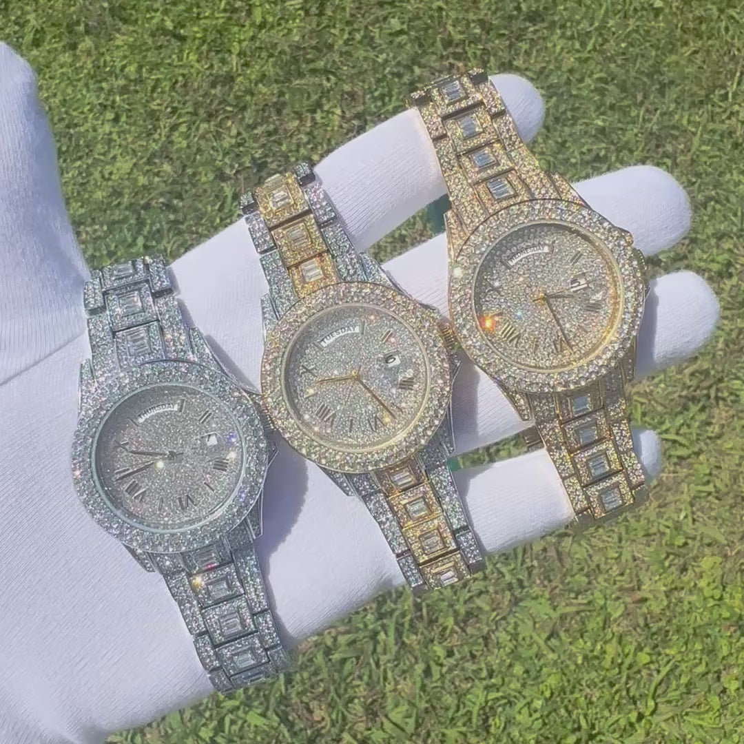 Day Date Roman Numerals VVS Iced Out Diamond Watch