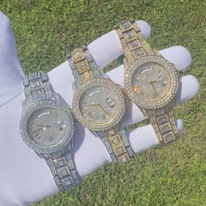 Day Date Roman Numerals VVS Iced Out Diamond Watch
