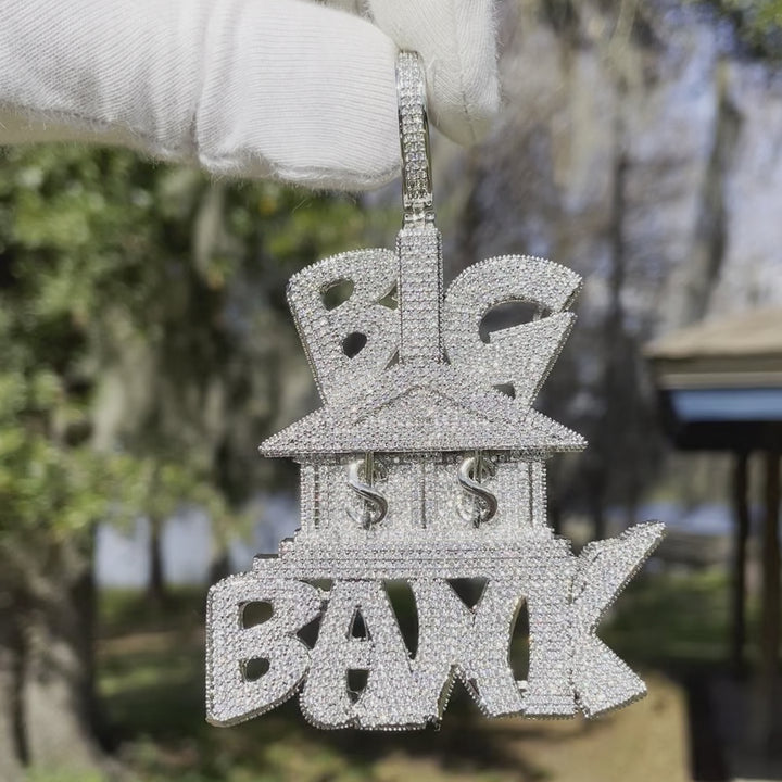 Big Bank with Dollar Signs Iced Out Letter Diamond Pendant Necklace